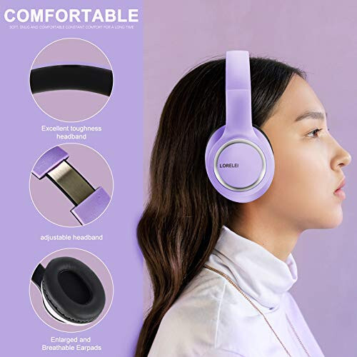 LORELEI X8 Over-Ear Wired Headphones with Microphone with 1.45m-Tangle-Free Nylon Line&3.5mm Plug,Lightweight Foldable & Portable Headphones for Smartphone,Tablet,Computer,Mp3/4(Dark Purple) - 2