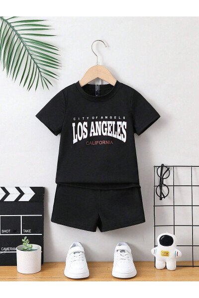 Los Angeles California Printed Cotton Kids Black Shorts T-shirt Set-Children Summer Cycling Collar - 1