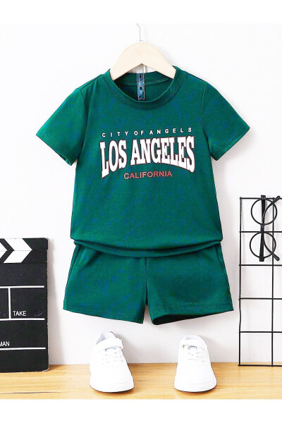 Los Angeles Cityofangels Printed Olive Green Children's Shorts T-shirt Set - Kids Summer Bike Neck - 1