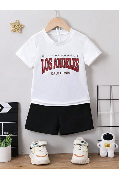 Los Angeles Kids Set - White T-shirt Black Shorts Printed Girl Boy Children Summer Polo Collar - 1