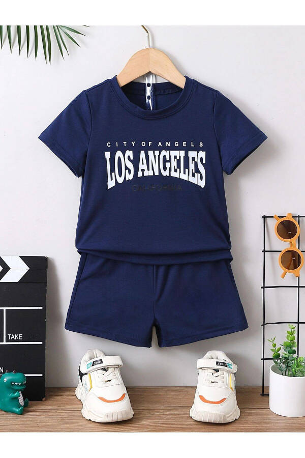 Losangeles Cıtyofangels Baskılı Lacivert Çocuk Şort T-shirt Takım - Çocuk Yazlık Bisiklet Yaka - 1