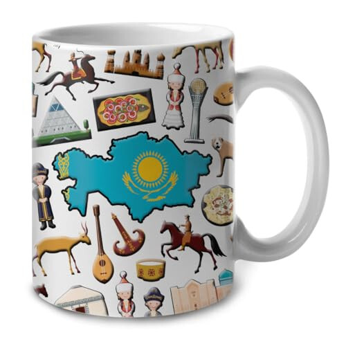 Lotacy Kazakhstan Symbols Coffee Mug With Map Flag, Kazakhstan Flag Ceramic Mug 11 oz Coffee Mug, Kazakhstan Souvenir and Gifts, Gift Idea for Kazakh Men and Women - 1