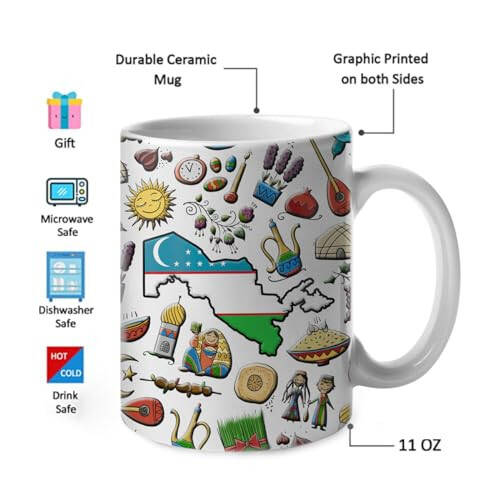 Lotacy Uzbekistan Symbols Coffee Mug With Map Flag, Uzbekistan Flag Ceramic Mug 11 oz Coffee Mug, Uzbekistan Souvenir and Gifts, Gift Idea for Uzbek Men and Women - 3