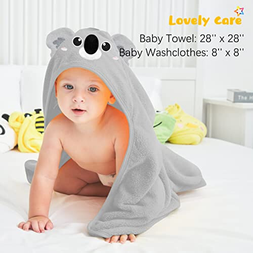 Lovely Care 3 Pack Baby Hooded Bath Towel with 24 Count Washcloth Sets for Newborns Infants & Toddlers, Boys & Girls - Baby Registry Search Essentials Item - Cattle, Koala, Hippo - 2