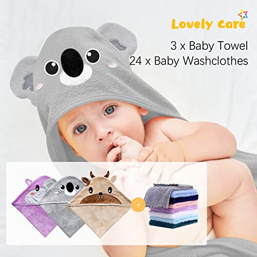 Lovely Care 3 Pack Baby Hooded Bath Towel with 24 Count Washcloth Sets for Newborns Infants & Toddlers, Boys & Girls - Baby Registry Search Essentials Item - Cattle, Koala, Hippo - 4