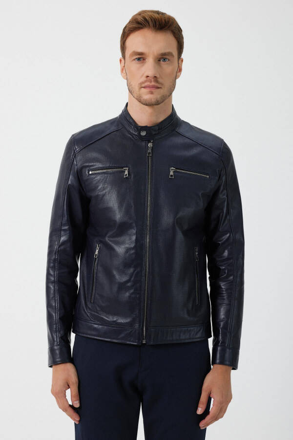 Lucas Navy Blue Leather Jacket - 1