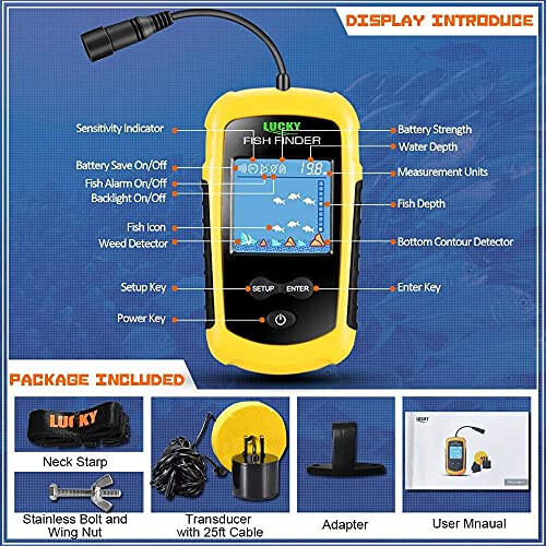 LUCKY Kayak Portable Fish Depth Finder Water Handheld Fish Finder Sonar Castable Kayak Boat Fishfinder Transducer Fishing LCD Display FFC1108 - 7