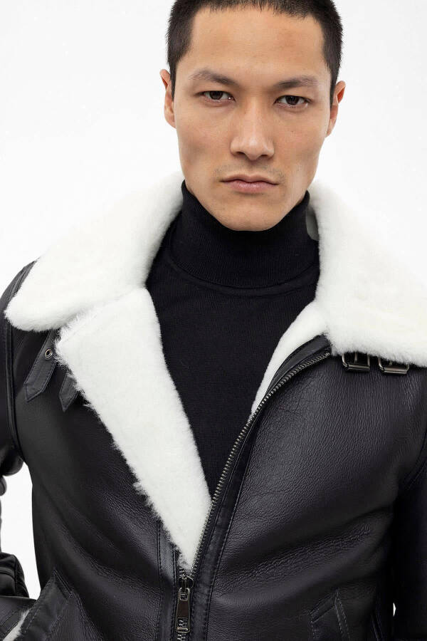 Luden Black Inner White Fur Zip-Up Collar Buckle Slim Fit Motorcycle Men's Real Fur Coat - 1