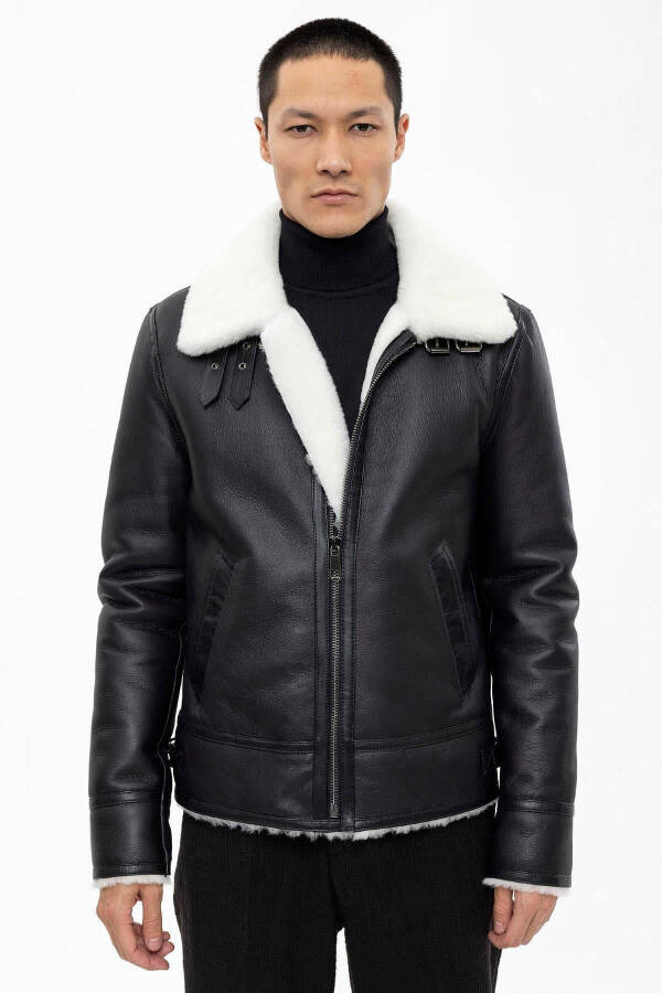 Luden Black Inner White Fur Zip-Up Collar Buckle Slim Fit Motorcycle Men's Real Fur Coat - 2