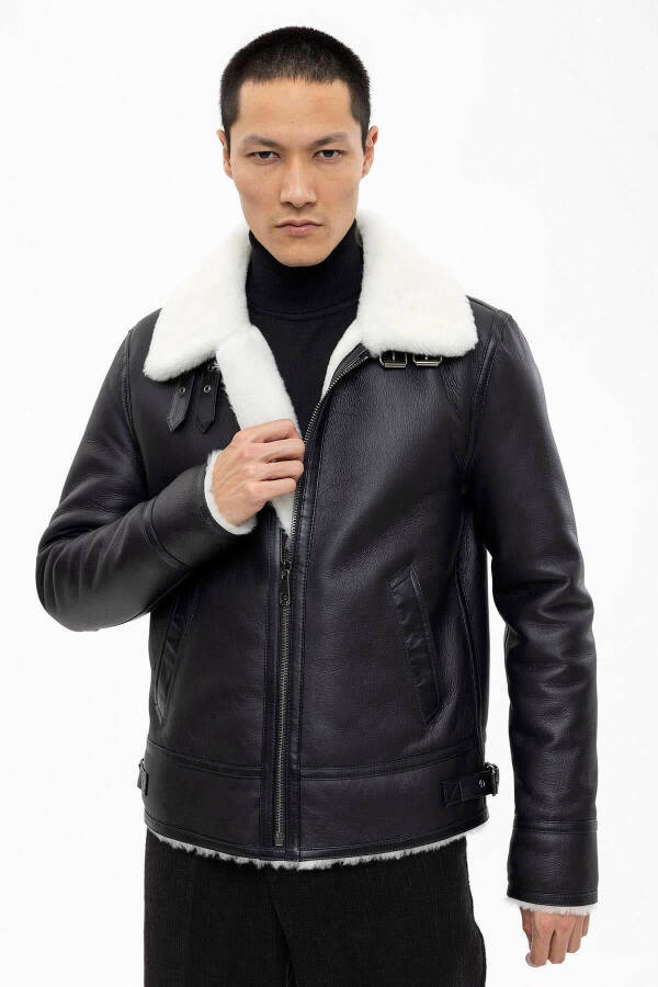 Luden Black Inner White Fur Zip-Up Collar Buckle Slim Fit Motorcycle Men's Real Fur Coat - 3