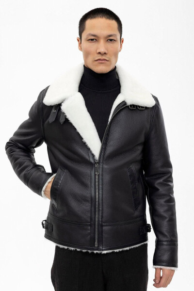 Luden Black Inner White Fur Zip-Up Collar Buckle Slim Fit Motorcycle Men's Real Fur Coat - 4