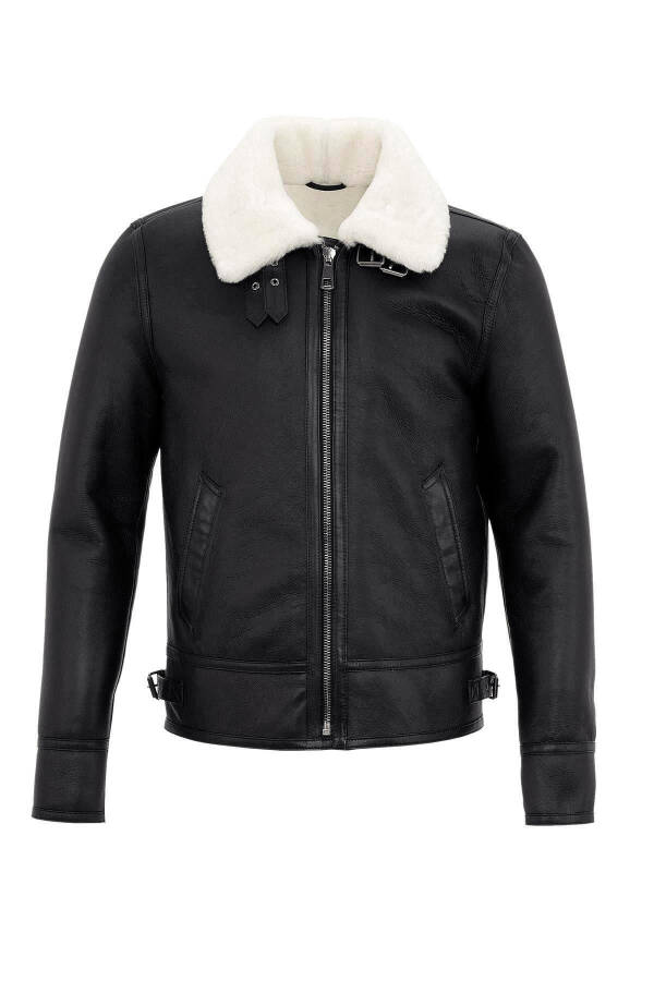 Luden Black Inner White Fur Zip-Up Collar Buckle Slim Fit Motorcycle Men's Real Fur Coat - 8