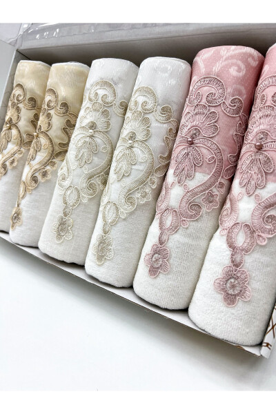 Luxury Bridal Gift Boxed Embroidered Satin Lace Hand and Face Towel Set 50x90 6 Pack - 1