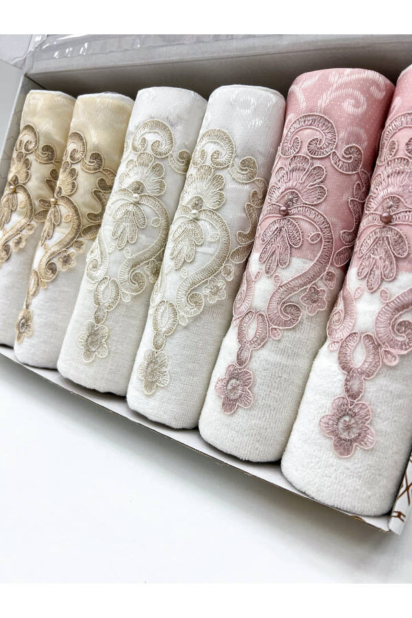 Luxury Bridal Gift Boxed Embroidered Satin Lace Hand and Face Towel Set 50x90 6 Pack - 1