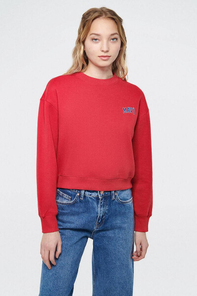 M1611601-70936 Blue Logo Printed Red Crop Women's Sweatshirt - 3