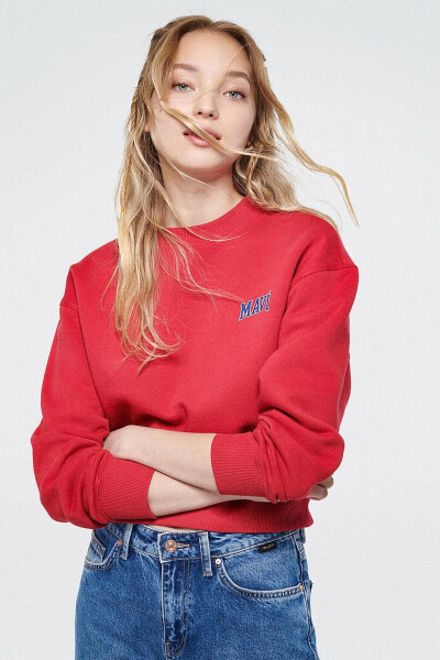 M1611601-70936 Mavi Logo Baskılı Kırmızı Crop Kadın Sweatshirt - 1