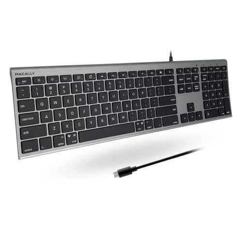 Macally USB C Keyboard - Wired Keyboard for Mac - Ultra Slim Full Size Compatible Apple Keyboard Wired with 20 Shortcuts and 110 Scissor Keys - USBC Keyboard for MacBook Pro/Air, Mac Mini, iMac, iPad - 1