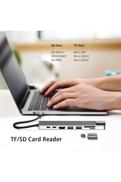 Macbook Pro Air Usb Type-c Hub Dönüştürücü Çevirici Çoklayıcı Usb Hdmı Micro Sd 8 Girişli - 2