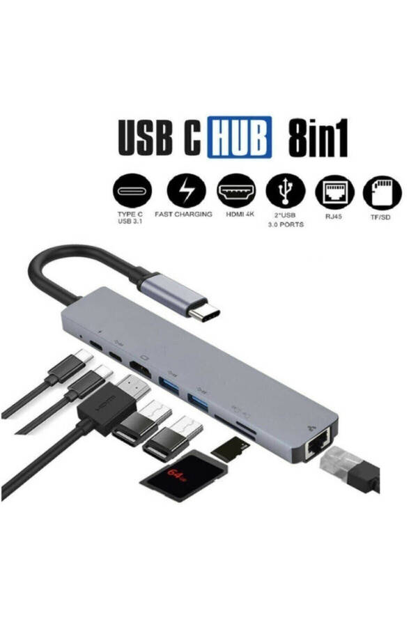 Macbook Pro Air Usb Type-c Hub Dönüştürücü Çevirici Çoklayıcı Usb Hdmı Micro Sd 8 Girişli - 6