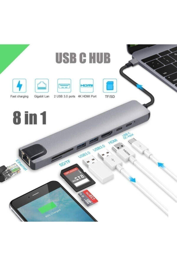 Macbook Pro Air Usb Type-c Hub Преобразователь Переходник Мультиплексор Usb Hdmı Micro Sd 8 Портов - 5