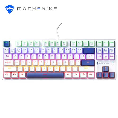 Machenike K500B %75 Mekanik Klavye, 87 Tuş TKL Kompakt Oyun Kablolu Klavye, Sıcak Değiştirilebilir Tıklamalı Mavi Anahtar, Gökkuşağı LED Arka Işık, Çift Enjeksiyonlu PBT Tuş Kapakları, Beyaz/Mavi - 8