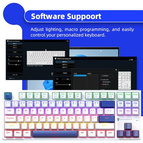 Machenike K500B 75% mexanik klaviatura, 87 tugma TKL ixcham o'yin simli klaviatura, issiq almashtiriladigan bosuvchi ko'k kalit, kamalak LED orqa nuri, ikki qavatli PBT tugma qopqoqlari, oq/ko'k - 5