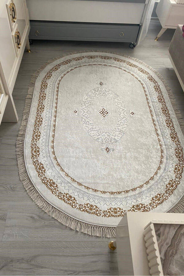 Machine Washable Non-Slip Oval Gold Rug - 1