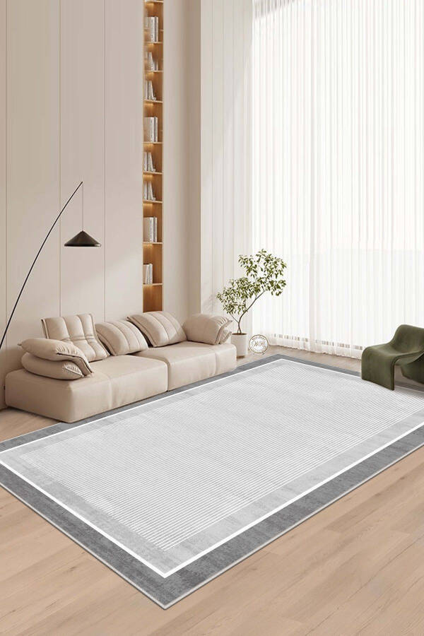 Machine Washable Non-Slip Stain Resistant Grey Striped Living Room Rug Kitchen Rug and Runner - 1