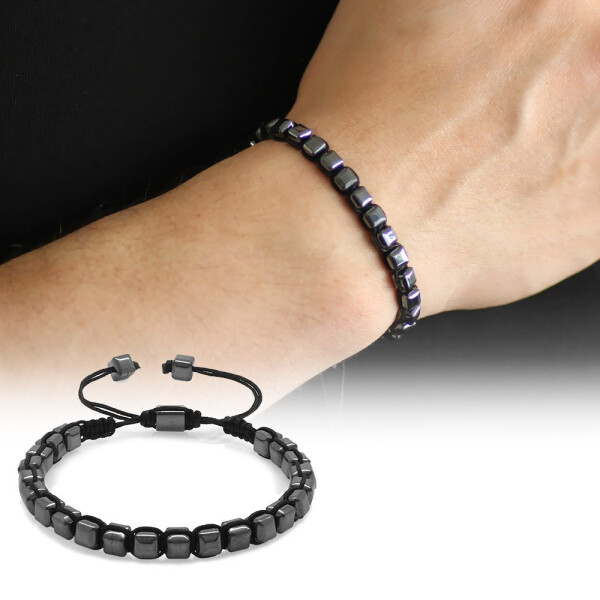 Macrame Woven Cube Cut Hematite Natural Stone Men's Bracelet - 3