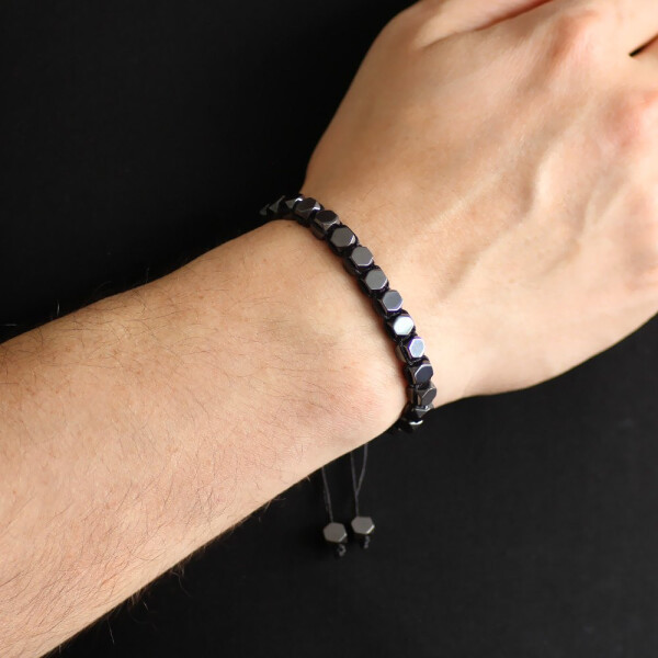 Macrame Woven Hexagonal Prism Design Hematite Natural Stone Men's Bracelet - 5