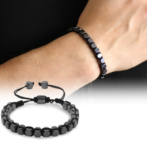 Macrame Woven Hexagonal Prism Design Hematite Natural Stone Men's Bracelet - 7