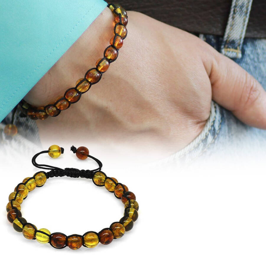 Macrame Woven Sphere Cut Fossilised Natural Drop Amber Men's Bracelet - 6