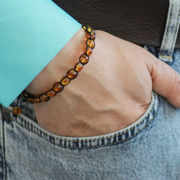 Macrame Woven Sphere Cut Fossilised Natural Drop Amber Men's Bracelet - 7