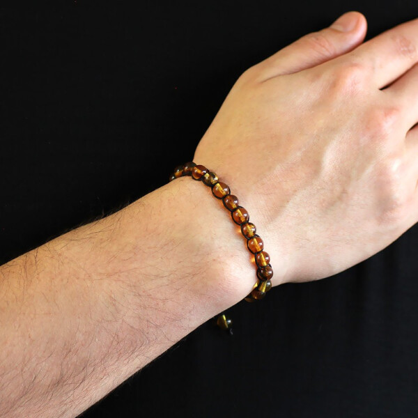 Macrame Woven Sphere Cut Fossilised Natural Drop Amber Men's Bracelet - 8