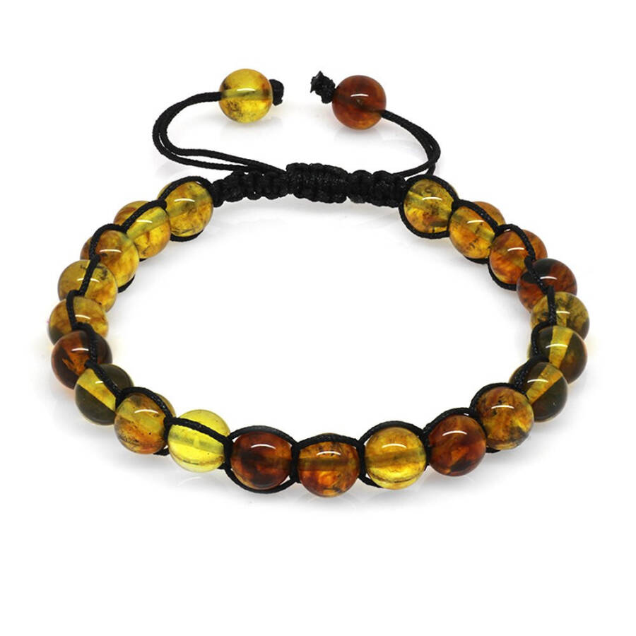 Macrame Woven Sphere Cut Fossilised Natural Drop Amber Men's Bracelet - 9