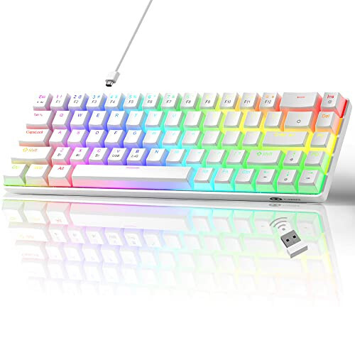 MageGee 60% Kablosuz Mekanik Klavye, 2.4G/BT5.0/USB-C Üçlü Mod PBT Şekerleme Tuş Kapakları RGB Arka Aydınlatmalı Klavye, Kırmızı Anahtarlı PC Laptop Mac Akıllı Telefon için Kompakt 68 Tuşlu Mini Klavye, Beyaz - 1