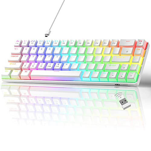 MageGee 60% Simsiz Mexanik Klaviatura, 2.4G/BT5.0/USB-C Uch Rejimli PBT Pudra Tugmalar RGB Orqa Yoritilgan Klaviatura, Qizil Tugmali PC Noutbuk Mac Smartfon uchun Kompakt 68 Tugmali Mini Klaviatura, Oq - 1