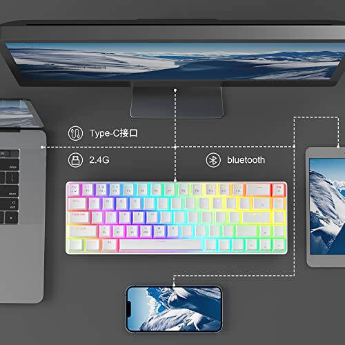 MageGee 60% Simsiz Mexanik Klaviatura, 2.4G/BT5.0/USB-C Uch Rejimli PBT Pudra Tugmalar RGB Orqa Yoritilgan Klaviatura, Qizil Tugmali PC Noutbuk Mac Smartfon uchun Kompakt 68 Tugmali Mini Klaviatura, Oq - 4