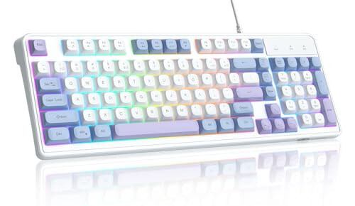 MageGee 96% Gaming Keyboard, Rainbow Backlit 98 Keys Compact Computer Keyboard, USB Wired Ergonomic Gaming Keyboard for PC,Mac,Laptop-Blue White Purple - 1