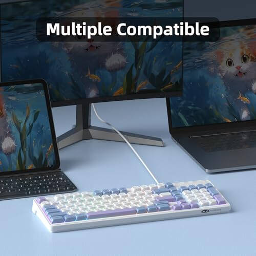 MageGee %96 Oyun Klavyesi, Gökkuşağı Arka Aydınlatmalı 98 Tuşlu Kompakt Bilgisayar Klavyesi, USB Kablolu Ergonomik Oyun Klavyesi PC, Mac, Dizüstü Bilgisayar İçin - Mavi Beyaz Mor - 6