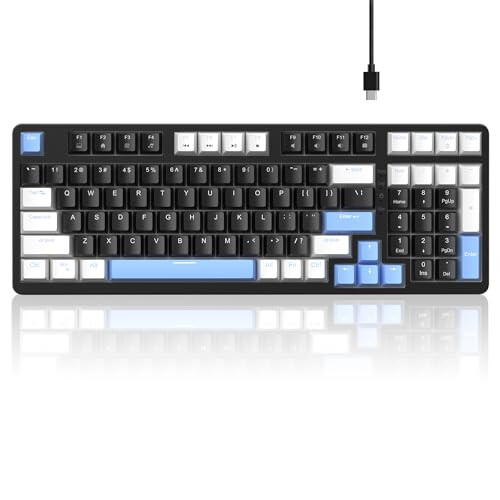 MageGee 98 Keys Mechanical Gaming Keyboard, Hot Swappable Yellow Switch, 96% Compact Layout LED Blue Backlit Wired Keyboard with Number Pad Arrow Keys, for PC Laptop, for Game and Office, Black/Blue - 1