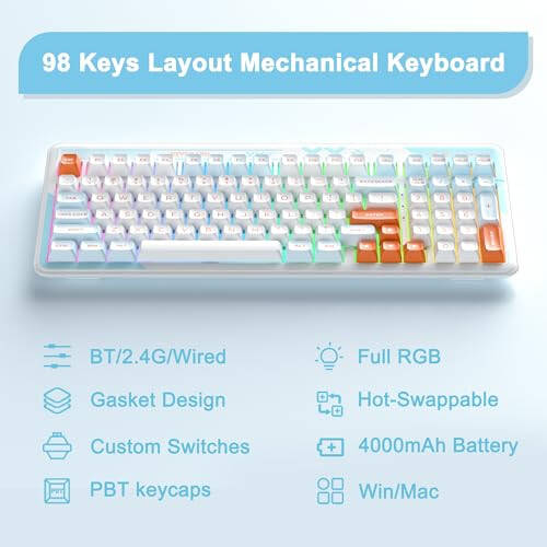 MageGee Mechanical Keyboard Cloud98 RGB Backlight Triple Mode 2.4GHz/BT/USB-C Wired Gaming Keyboard, Gasket Mounted PBT Material 98 Keys Hot-Swappable Keyboard (Aqua Star Blue Whale Switch) - 2