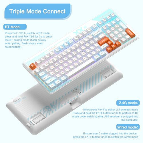 MageGee Mechanical Keyboard Cloud98 RGB Backlight Triple Mode 2.4GHz/BT/USB-C Wired Gaming Keyboard, Gasket Mounted PBT Material 98 Keys Hot-Swappable Keyboard (Aqua Star Blue Whale Switch) - 4