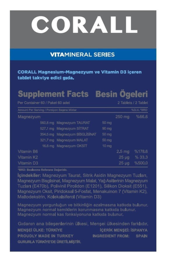 Magnesium Complex 60 Tablets; Magnesium Citrate-malate-bisglycinate-taurate-oxide + Vitamin D3-k2-p5p - 3