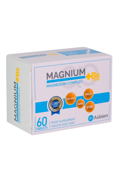 Magnesium Complex B6 60 Tablets Magnesium Bisglycinate, Citrate, Malate, Taurate, B6 Asbien - 1