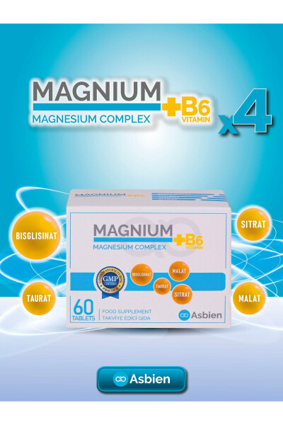 Magnesium Complex B6 60 Tablets Magnesium Bisglycinate, Citrate, Malate, Taurate, B6 Asbien - 2