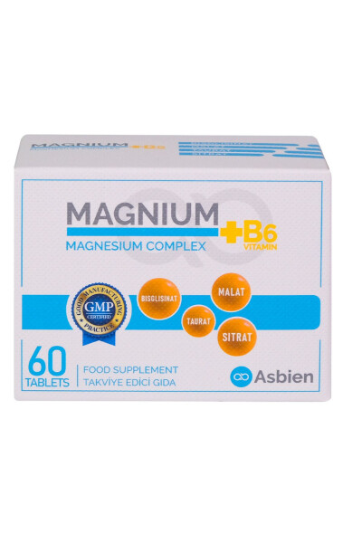 Magnesium Complex B6 60 Tablets Magnesium Bisglycinate, Citrate, Malate, Taurate, B6 Asbien - 8