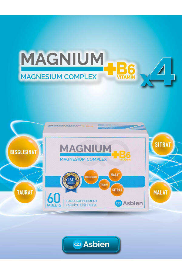 Magnezyum Kompleks B6 60 Tablet Magnezyum Bisglisinat, Sitrat, Malat, Taurat, B6 Asbien - 2