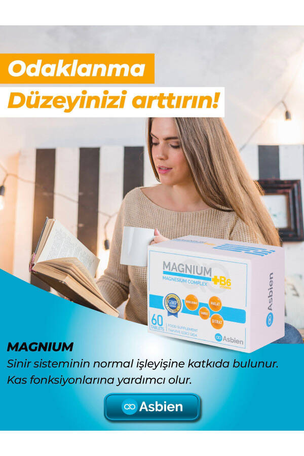 Magnezyum Kompleks B6 60 Tablet Magnezyum Bisglisinat, Sitrat, Malat, Taurat, B6 Asbien - 7