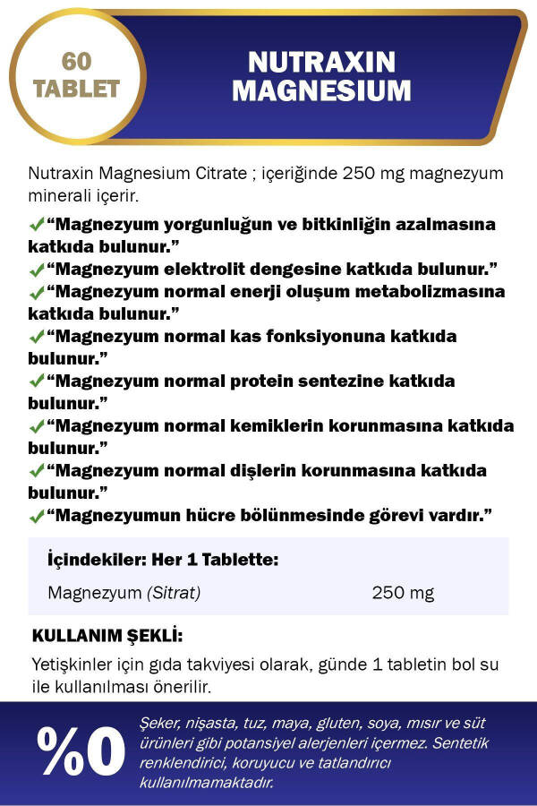 Magnezyum Sitrat 250 Mg Takviye Edici Gıda 60 Tablet - 7